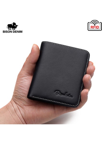 Kahve Bıson Denım Siyah Çanta Erkekler Için Hakiki Deri Erkek Cüzdan Ince Erkek Cüzdan Kart Tutucu Cowskin Yumuşak Mini Çantalar N4429 (Yurt Dışından)