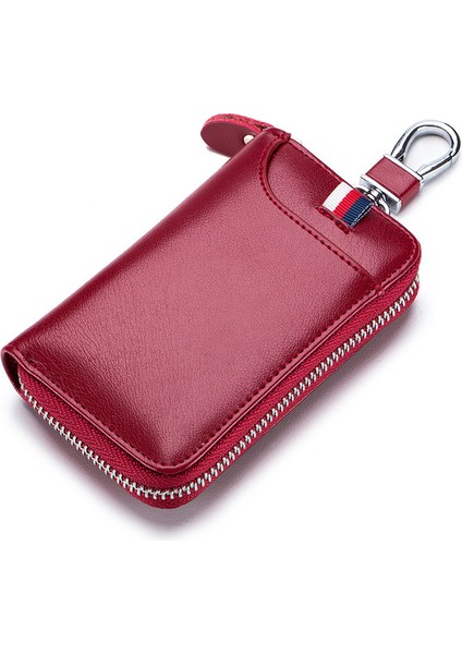 Bordo Lüks Yumuşak Deri Anahtarlık Araba Anahtarı Çantası Iş Unisex Cüzdan Kart Sahibinin Fermuar Kılıfı Çanta Anahtar Paket Kapağı Taşınabilir Anahtar Çantası (Yurt Dışından)