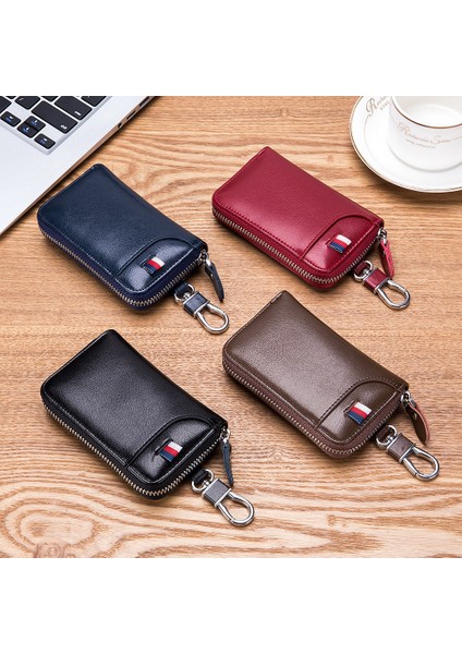 Bordo Lüks Yumuşak Deri Anahtarlık Araba Anahtarı Çantası Iş Unisex Cüzdan Kart Sahibinin Fermuar Kılıfı Çanta Anahtar Paket Kapağı Taşınabilir Anahtar Çantası (Yurt Dışından)
