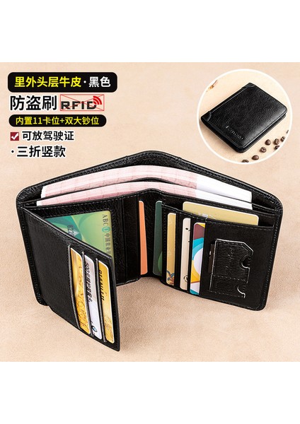 Siyah Tam Inek Derisi Yeni Hakiki Deri Rfid Cüzdan Erkekler Için Vintage Ince Kısa Çok Fonksiyonlu Kımlık Kredi Kartı Tutucu Para Çantası (Yurt Dışından)