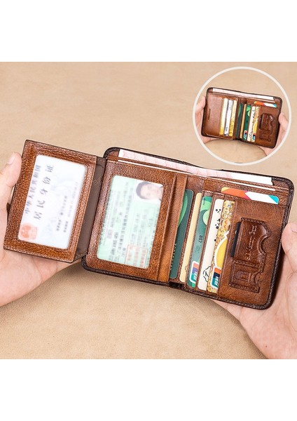 Siyah Tam Inek Derisi Yeni Hakiki Deri Rfid Cüzdan Erkekler Için Vintage Ince Kısa Çok Fonksiyonlu Kımlık Kredi Kartı Tutucu Para Çantası (Yurt Dışından)