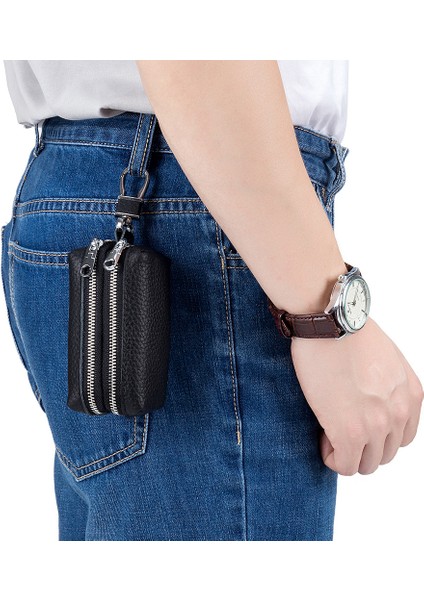 Safir Mavi Hakiki Deri Anahtar Cüzdan Unisex Anahtar Çantası Erkekler Araba Anahtarı Sahipleri Çift Fermuarlı Anahtarlık Durumda Kadın Akıllı Kahya Değişim Çanta (Yurt Dışından) indirimleri