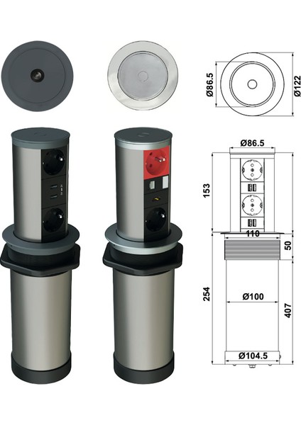 Step Iı Bas Aç Yükselen Priz Sistemi Mat Krom Renkli 2 Priz 2 Usb