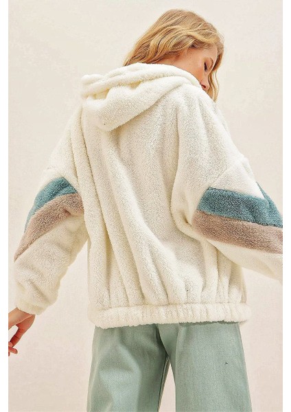 Kadın Ekru Kapüşonlu Fermuarlı Kolları Renk Bloklu Oversize Peluş Sweatshirt indirimleri