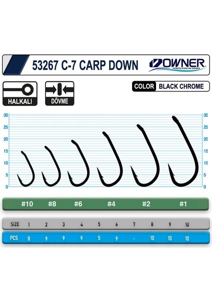 53267 C-7 Carp Down Black Chrome Japon Sazan Iğnesi Balıkmarketim fiyatları