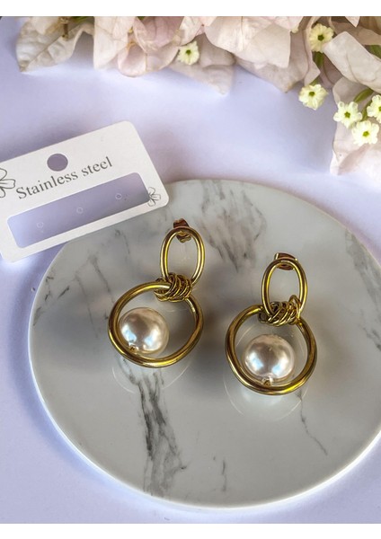 Çelik Küpe Inci Detaylı Halka Küpe