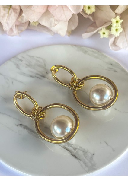 Çelik Küpe Inci Detaylı Halka Küpe modelleri