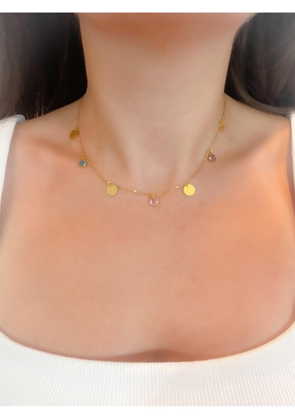 Çelik Kolye Renkli Taşlı Kolye Gold