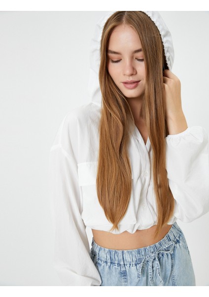 Kapşonlu Crop Paraşüt Gömlek Oversize Uzun Kollu Cepli