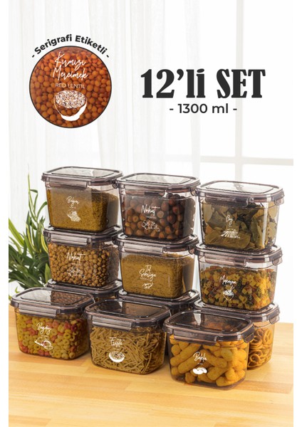 12'li 1,3 lt Contalı Dikdörtgen Saklama Kabı Seti Serigrafi Etiketli