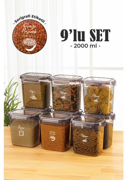 9'lu 2 lt Contalı Dikdörtgen Saklama Kabı Seti Serigrafi Etiketli