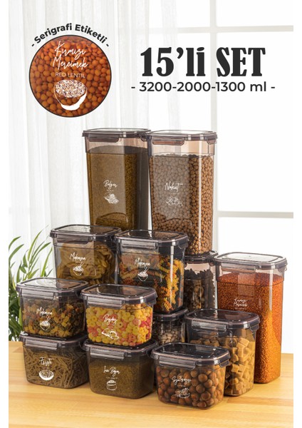 15'li Contalı Dikdörtgen Saklama Kabı Seti 5x(3,2 2 1,3 lt) Serigrafi Etiketli