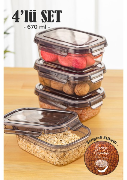 4'lü 0,67 lt Contalı Dikdörtgen Saklama Kabı Seti Serigrafi Etiketli