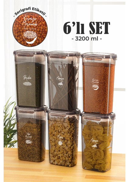 6'lı 3,2 lt Contalı Dikdörtgen Saklama Kabı Seti Serigrafi Etiketli