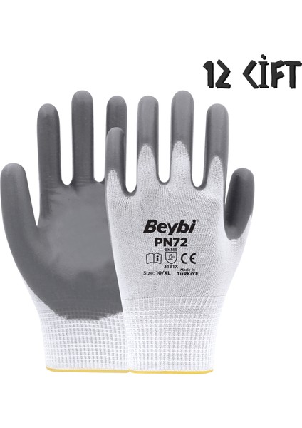 Polyester-Nitril Iş Eldiveni PN72 No: 10 Gri - 12 Çift