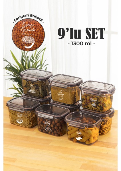 9'lu 1,3 lt Contalı Dikdörtgen Saklama Kabı Seti Serigrafi Etiketli