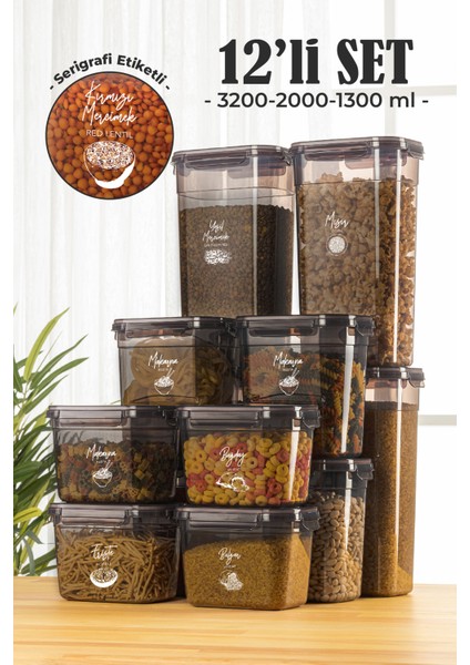 12'li Contalı Dikdörtgen Saklama Kabı Seti 4x(3,2 2 1,3 lt) Serigrafi Etiketli