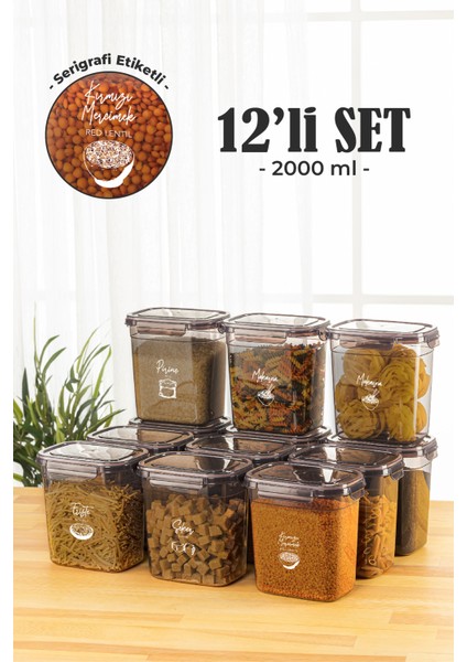 12'li 2 lt Contalı Dikdörtgen Saklama Kabı Seti Serigrafi Etiketli