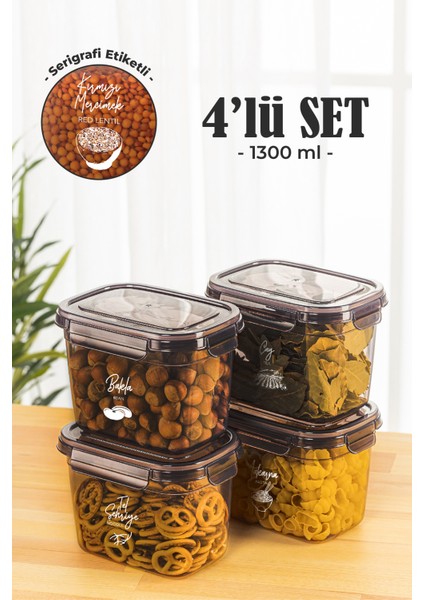 4'lü 1,3 lt Contalı Dikdörtgen Saklama Kabı Seti Serigrafi Etiketli