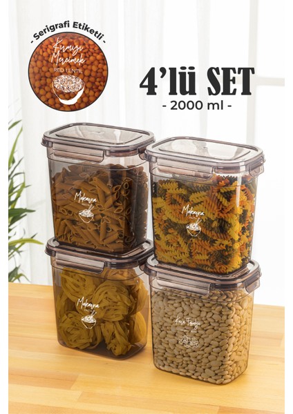 4'lü 2 lt Contalı Dikdörtgen Saklama Kabı Seti Serigrafi Etiketli