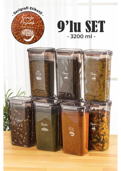 9'lu 3,2 lt Contalı Dikdörtgen Saklama Kabı Seti Serigrafi Etiketli