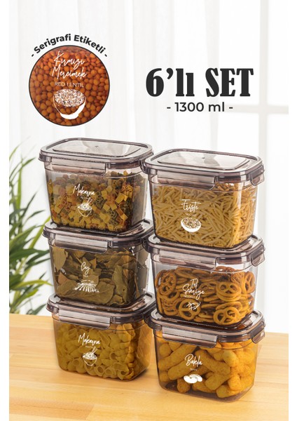 6'lı 1,3 lt Contalı Dikdörtgen Saklama Kabı Seti Serigrafi Etiketli