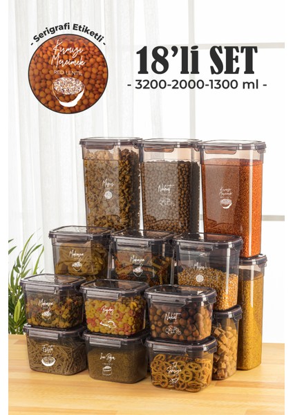 18'li Contalı Dikdörtgen Saklama Kabı Seti 6x(3,2 2 1,3 lt) Serigrafi Etiketli