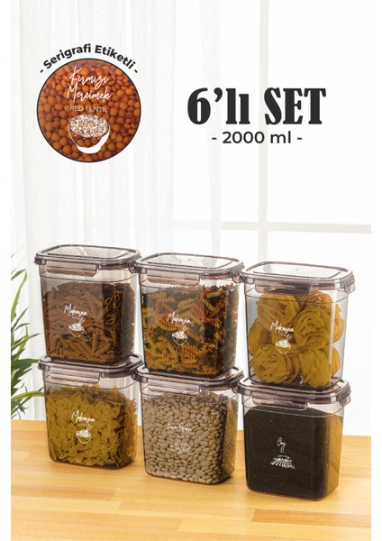 6'lı 2 lt Contalı Dikdörtgen Saklama Kabı Seti Serigrafi Etiketli