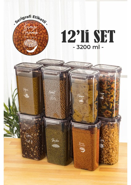 12'li 3,2 lt Contalı Dikdörtgen Saklama Kabı Seti Serigrafi Etiketli