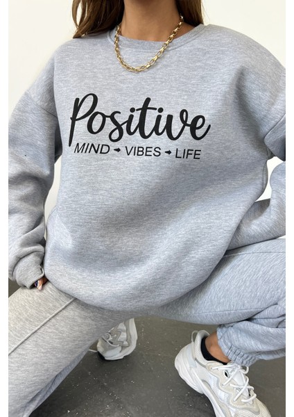 Unisex Oversize Krem 3 Iplik Şardonlu Baskılı Penye Sweatshirt
