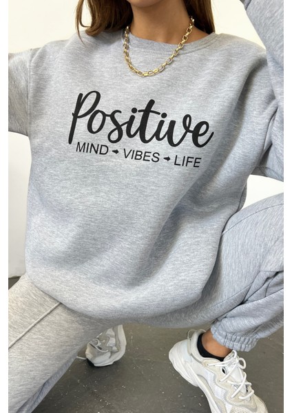 Unisex Oversize Krem 3 Iplik Şardonlu Baskılı Penye Sweatshirt