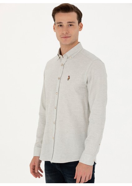 Slim Fit Düğmeli Yaka Ekru Erkek Gömlek AKIS023K