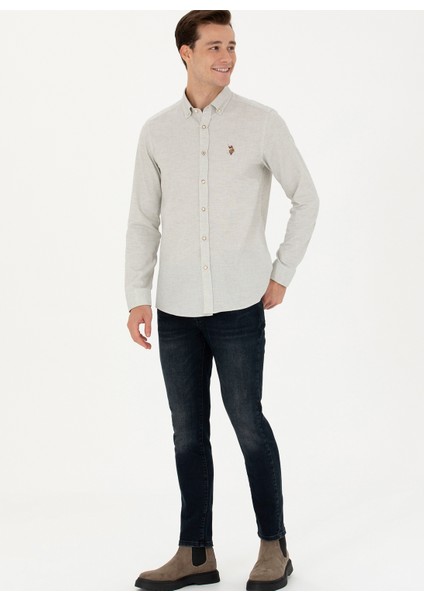 Slim Fit Düğmeli Yaka Ekru Erkek Gömlek AKIS023K