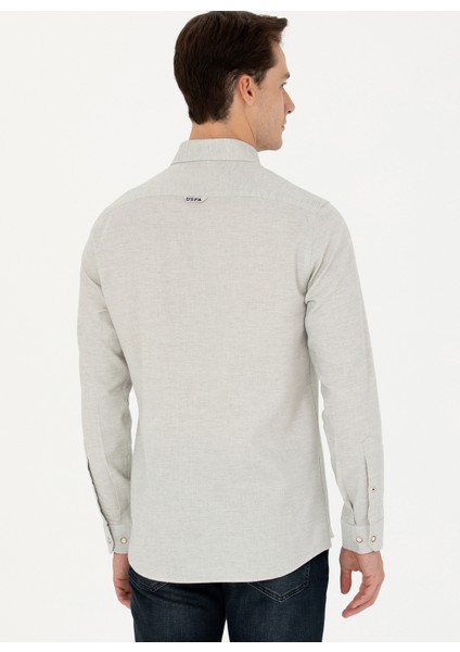 Slim Fit Düğmeli Yaka Ekru Erkek Gömlek AKIS023K