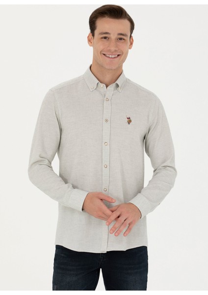Slim Fit Düğmeli Yaka Ekru Erkek Gömlek AKIS023K