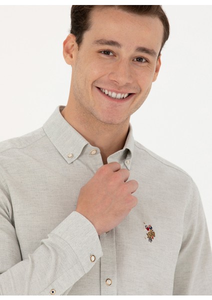 Slim Fit Düğmeli Yaka Ekru Erkek Gömlek AKIS023K fiyatları