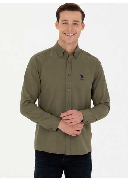 Slim Fit Düğmeli Yaka Haki Erkek Gömlek GOX023K