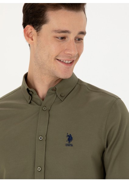 Slim Fit Düğmeli Yaka Haki Erkek Gömlek GOX023K fiyatları