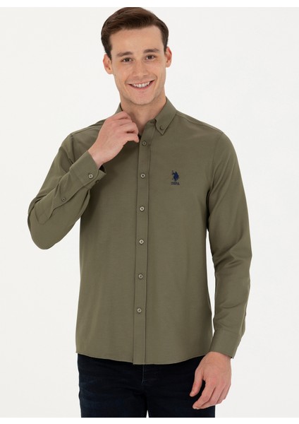 Slim Fit Düğmeli Yaka Haki Erkek Gömlek GOX023K modelleri