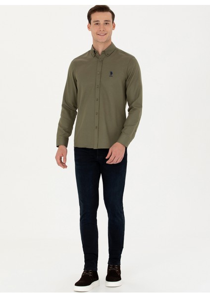 Slim Fit Düğmeli Yaka Haki Erkek Gömlek GOX023K fırsatları