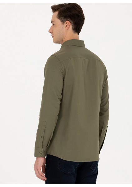 Slim Fit Düğmeli Yaka Haki Erkek Gömlek GOX023K indirimleri