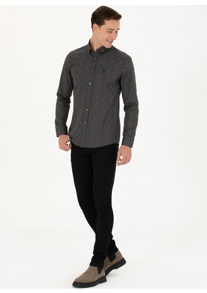 Slim Fit Düğmeli Yaka Antrasit Erkek Gömlek Efora