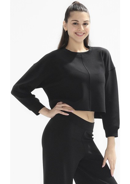 Poe Bisiklet Yaka Örme Crop Sweatshirt 1067