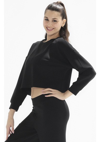 Poe Bisiklet Yaka Örme Crop Sweatshirt 1067