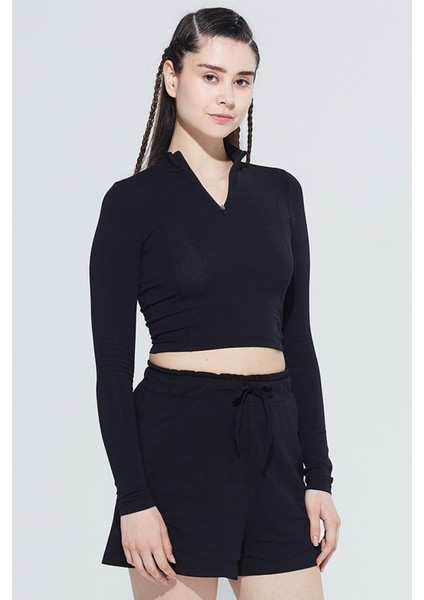 Doğa Organik Pamuk Fermuar Detaylı Uzun Kollu Crop T-Shirt 1062