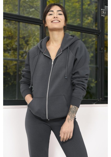 Ela Kapüşonlu 2 İplik Fermuar Detaylı Loose Fit Örme Sweatshirt 1051