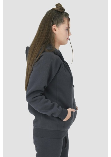 Ela Kapüşonlu 2 İplik Fermuar Detaylı Loose Fit Örme Sweatshirt 1051