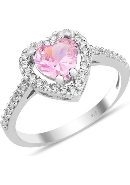 Işıklı Kutuda Gümüş Rodyumlu Pembe Taşlı Pırlanta Montürlü Kalp Modeli Yüzük SGTL12296PEMBE