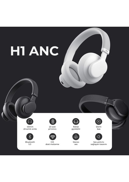 Soundcraft H1 ANC Headphone 35dB'e kadar Hibrit Aktif Gürültü Engelleme, 40mm Dinamik Sürücülü, 47.5 Saat Çalma Süreli Katlanabilir Kulak Üstü Bluetooth 5.3 Kulaklık Siyah