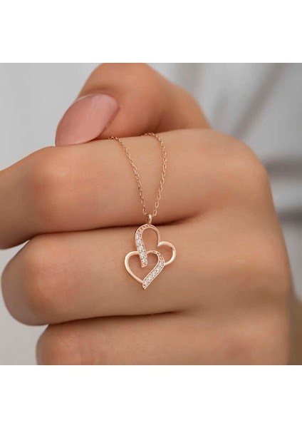 925 Ayar Gümüş Rose Birleşmiş Kalpler Kadın Gümüş Kolye